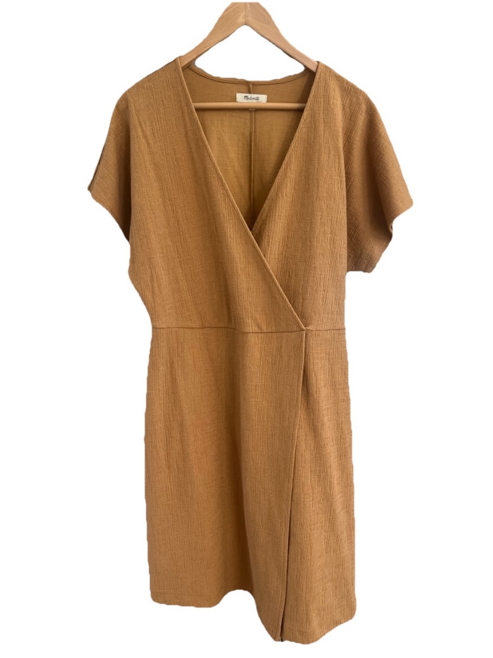 Madewell Cross Front Mini Dress Size XL Flutter Sleeve Tan Camel Faux Wrap